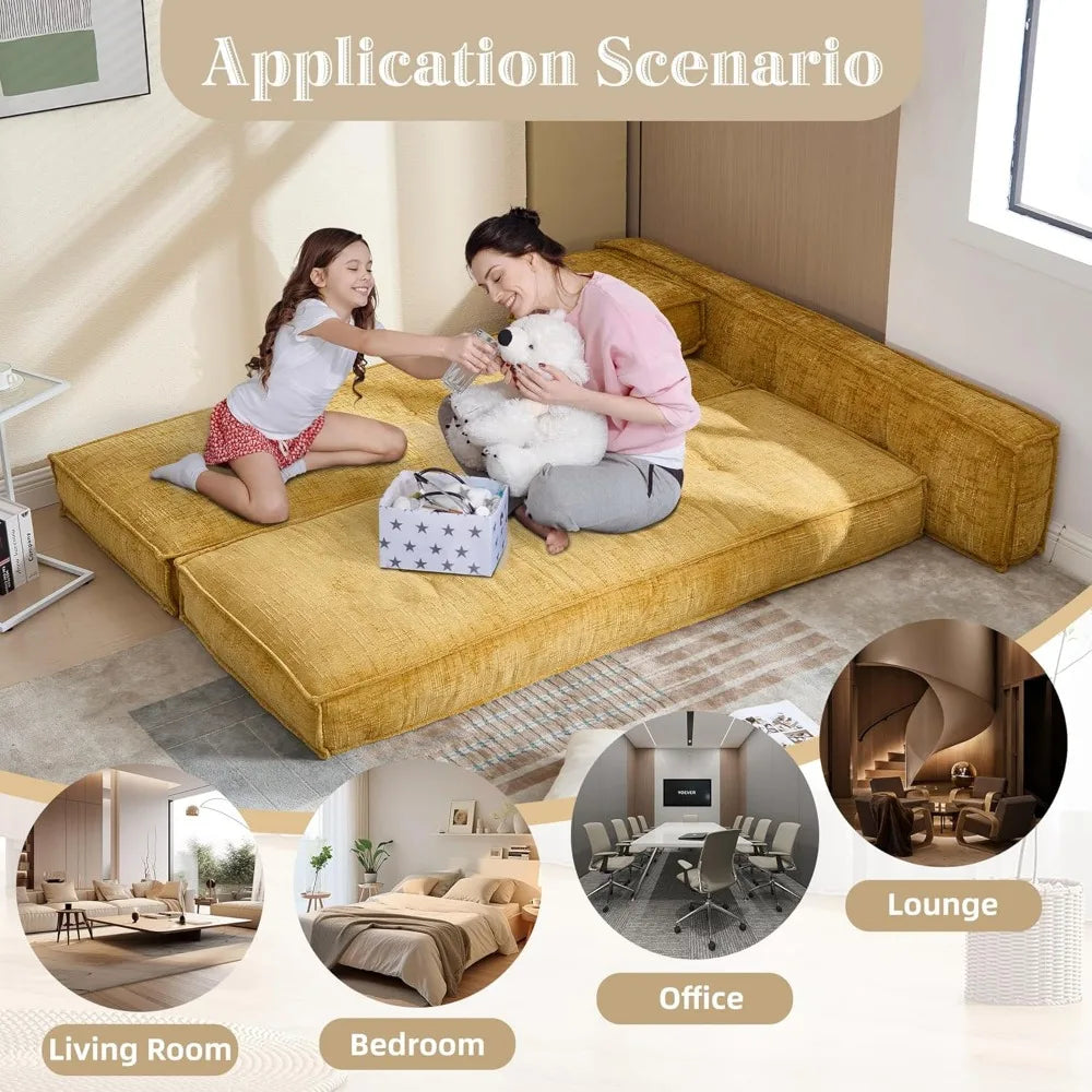 Modular Couch Convertible Sleeper Floor Sofa Bed, Chenille Folding Mattress Couch with Side Bag Storage, 4-in-1 Combined Lazy So