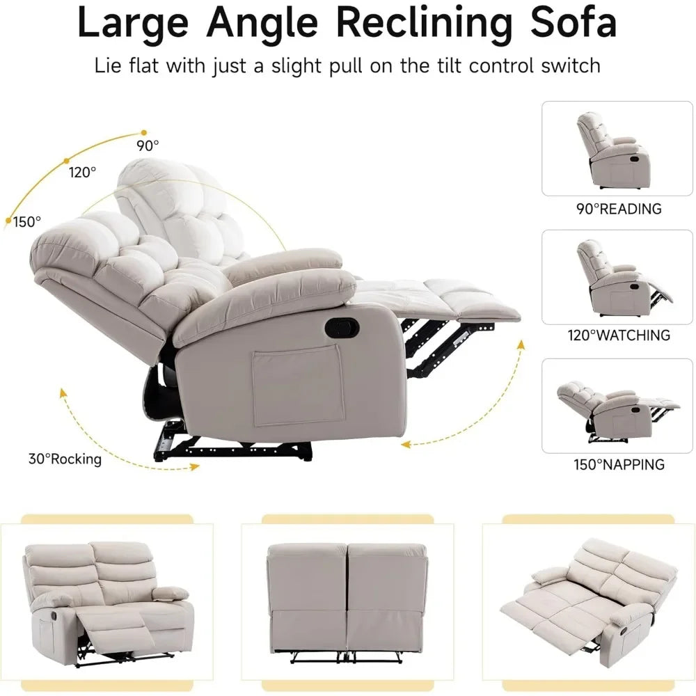 Recliner Sofa, Small Sofa Couch, PU Leather Reclining Sofa 2-Seater Manual Double Seater Recliner with Side Pockets
