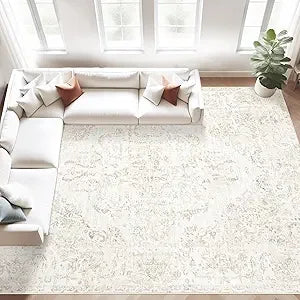 Area Rug 8x10 Vintage Rug: Large Washable Living Room Rug Retro Medallion Distressed Rug Soft Low Pile Non-Slip Rugs Indoor Floo