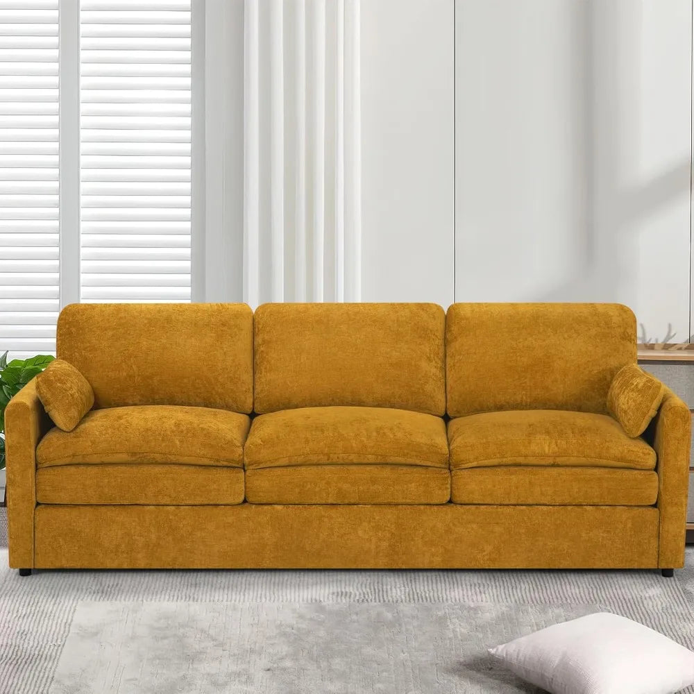 Chenille Soft Sofa w/Well-Filled Backrests, Modern Couch w/Plump Pillows, 3 Seater Upholstered Couch w/Thick & Comfy Cushions