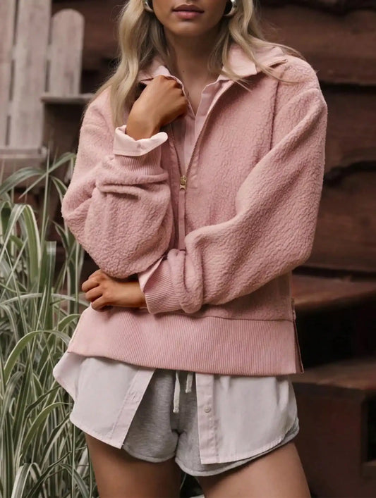 Fisoew Half Zip Fleece Sweater | Retro Pullover Top With Mock Neck, Mallard Fit Style Fleece Top, Casual Warm Cozy Loungewear