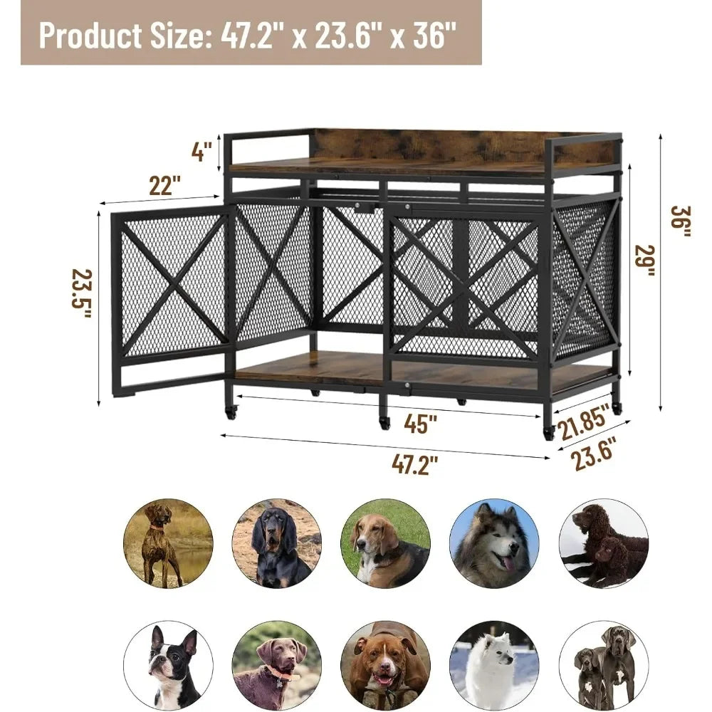 Large Dog Crate Furniture, 48 Inch Heavy Duty Dog Kennel for Large Breeds, Wooden Dogs Cage with Wheels,