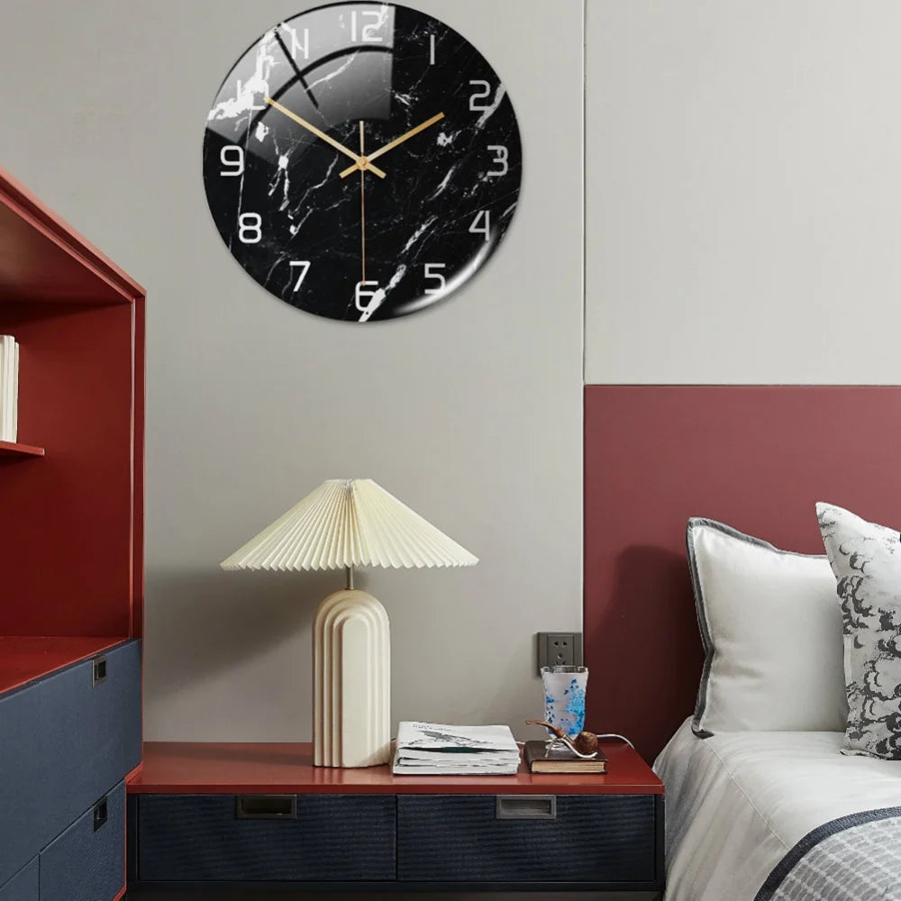 Luxury 3D Acrylic Black Gold Marble Pattern Wall Adhesive Clock Metal Needle Silent Clock Mechanism Modern Living Room Home Deco