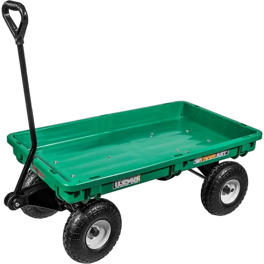 Farm Tuff Durable Plastic Deck Garden Wagon Utility Cart with Pneumatic Tires for Outdoor Hauling, Green, 20" x 38"