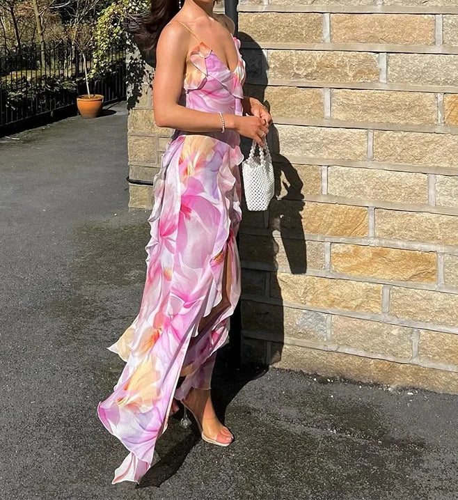 Weird Puss Flower Print Dress Woman Summer Strapless Splits Irregular Tassel Patchwork Backless Bandage Party Skinny Vestidos