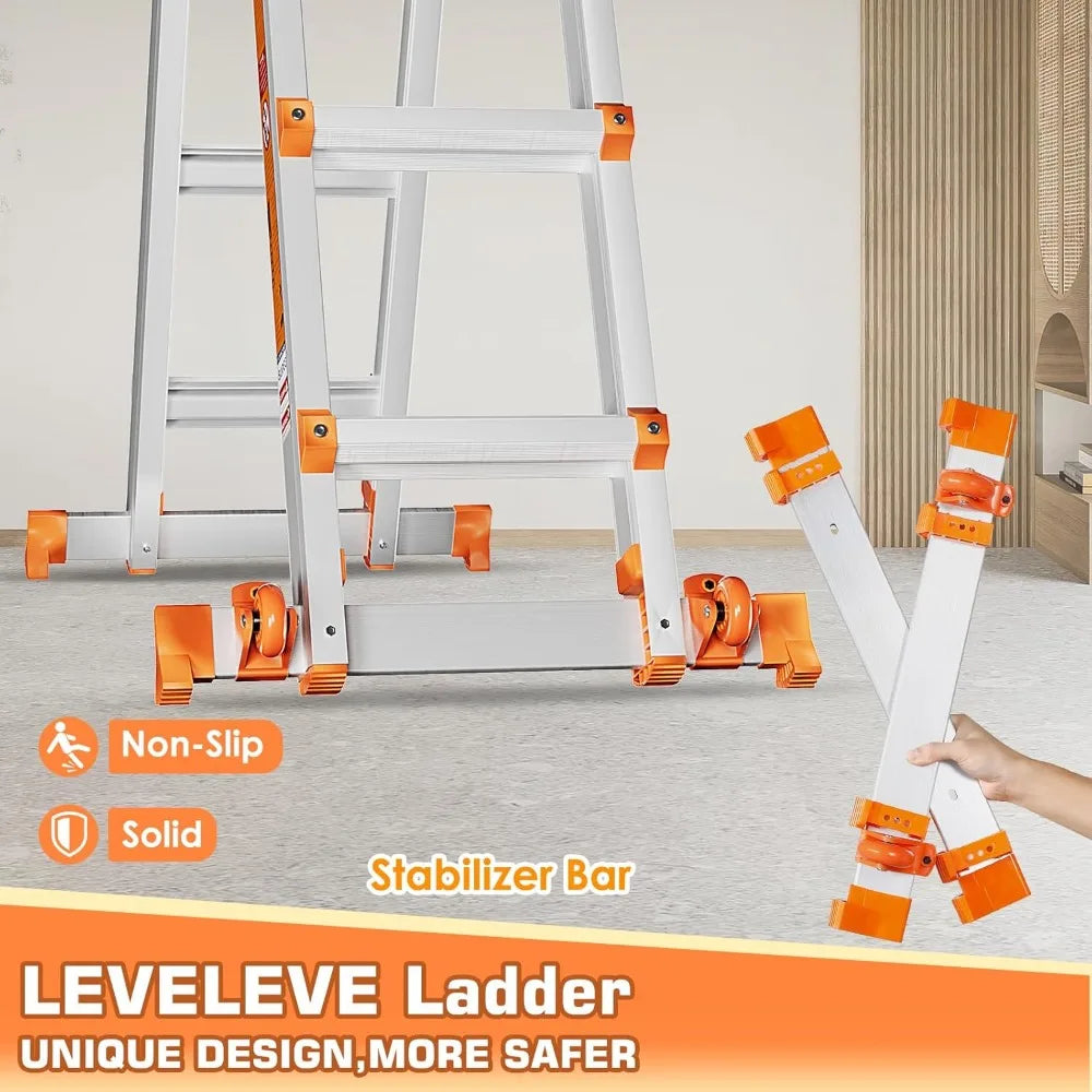 Telescoping A Frame Ladder, 17FT Multi Position Ladder w/ Stabilizer Bar & Wheels, 330lb Capacity for Stairs & Home