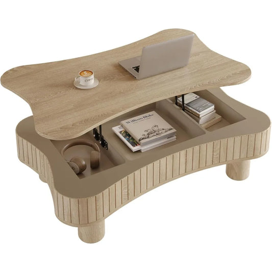 Lift Top Coffee Table with Hidden Storage, Lift Up Coffee Tables with Silent Hydraulic Lift, Cloud Shape Low Center Table Accent