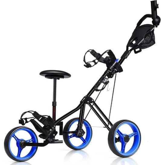 GRAFFY Golf Push Cart with Seat, 3 Wheel Golf Pull Cart with Height-Adjustable Handle, Lightweight Folding Golf Trolley