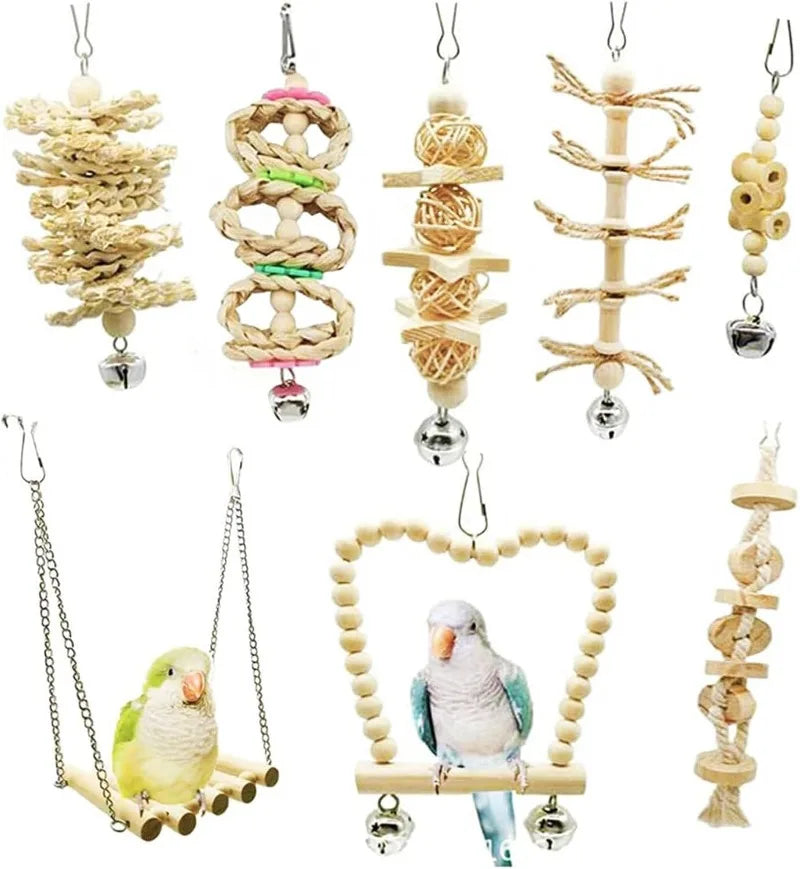 Bird Parrot Wooden Swings Chew Hanging Bell Cage Toys Perch for Small Parakeets Cockatiels Finches Budgie (Bird Swings-8)
