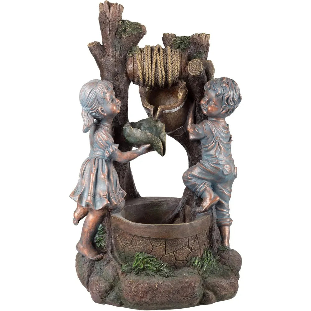 Outdoor Water Feature: Boy and Girl Statue with Cascading Fountain and LED Lighting for Garden or Patio by Pure Gard