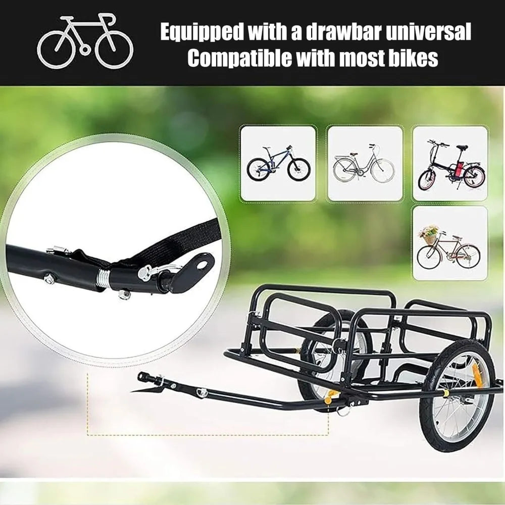 Foldable Bike Cargo Trailer, 60kg Capacity with 16 Inch Wheels, Reflectors, Quick-Release Hitch, Easy Load Storage Cart