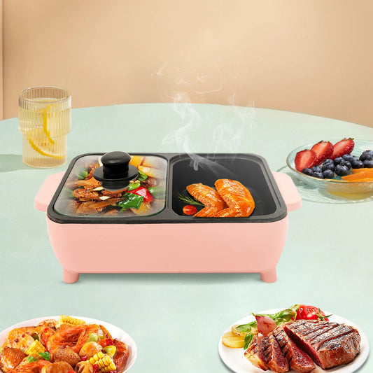2-in-1 Electric Hot Pot for Kitchen, Non-stick Baking Pan, Smokeless BBQ Grill Pan for 1-4 People 110V, Pink