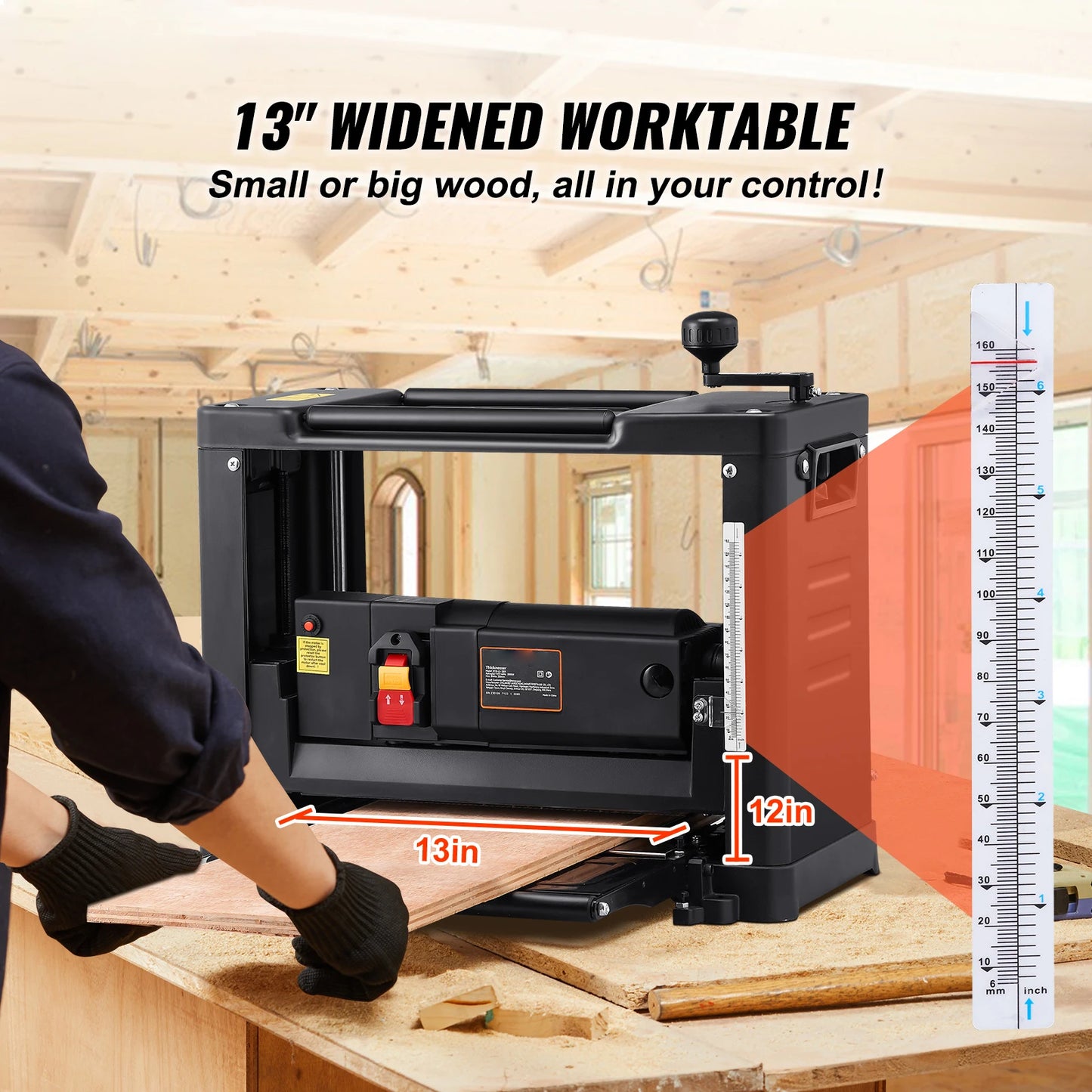 SucceBuy Thickness Planer 13inch Benchtop Planer & Two-Blade 15-Amp 1800W Powerful Motor Low Noise for DIY Woodworking Planing