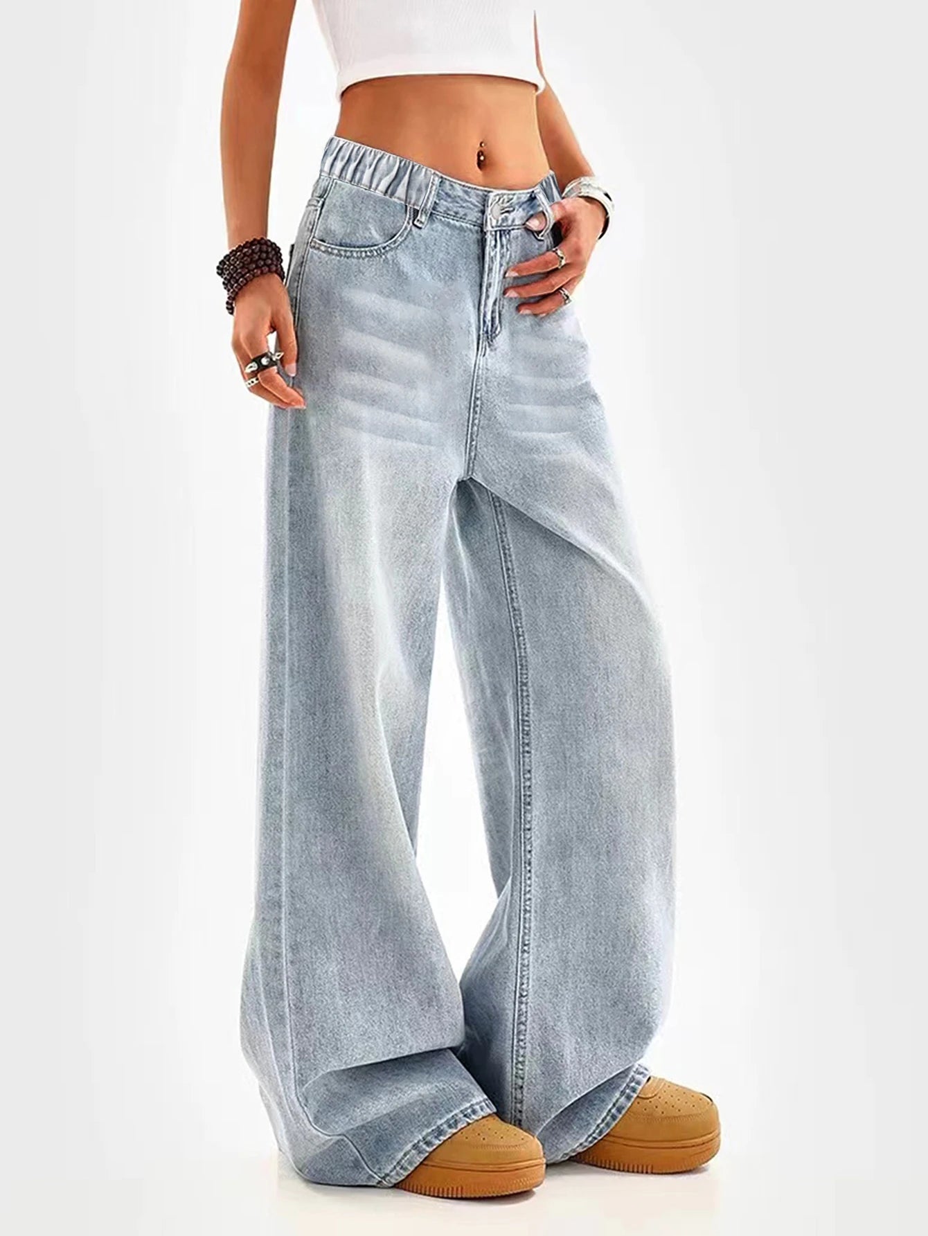 Retro Washed Blue Wide Leg Jeans For Juniors Regular Fit