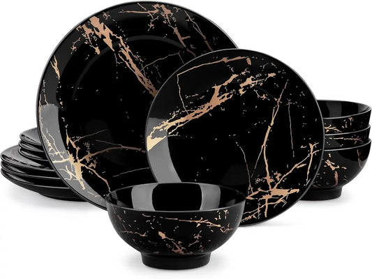 Plates and Bowls Sets for 4, 12 Pieces Porcelain Dinnerware Sets, Black and Gold Dish Set Gold Splash Dishware Sets, Dishwasher