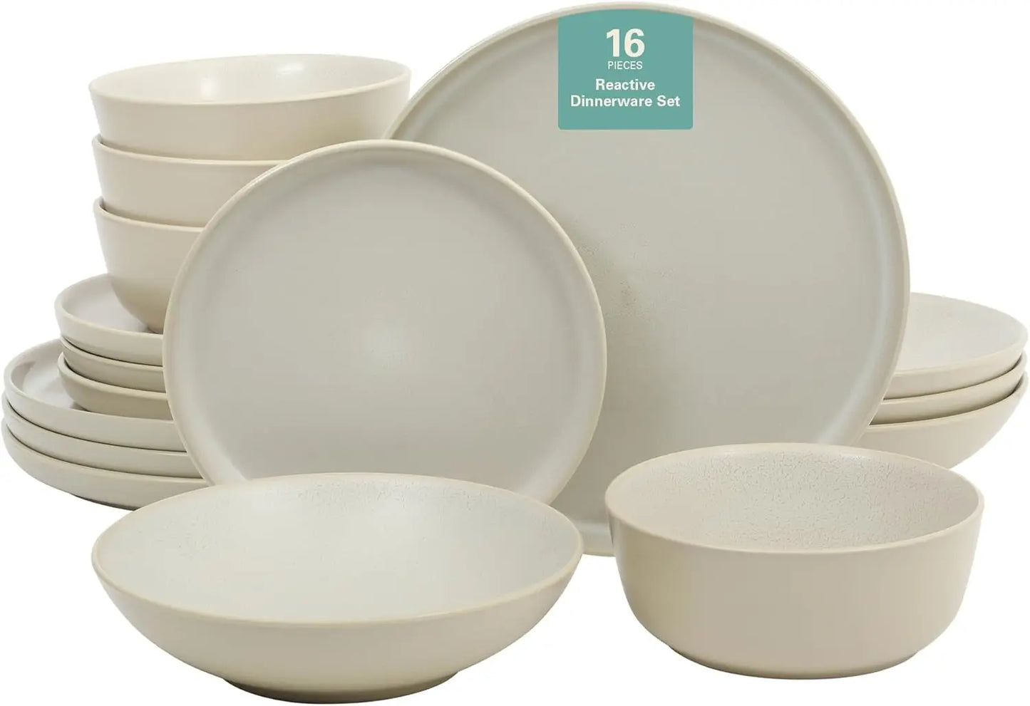 Tribeca Loft 16-Piece Dinnerware Set - Matte Black and Green Reactive Glaze Stoneware, Double Bowl Round Plates and Bowls - Mode