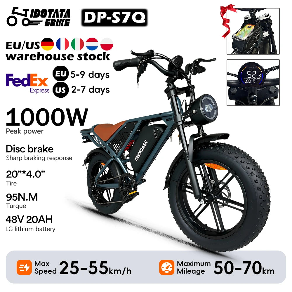 IDOTATA S7 Electric Bike for Adults 48V 60Ah Dual Battery 20 Inch 4.0 Fat Tires Snow Mountain E Bike 1000W Electric Bicycle