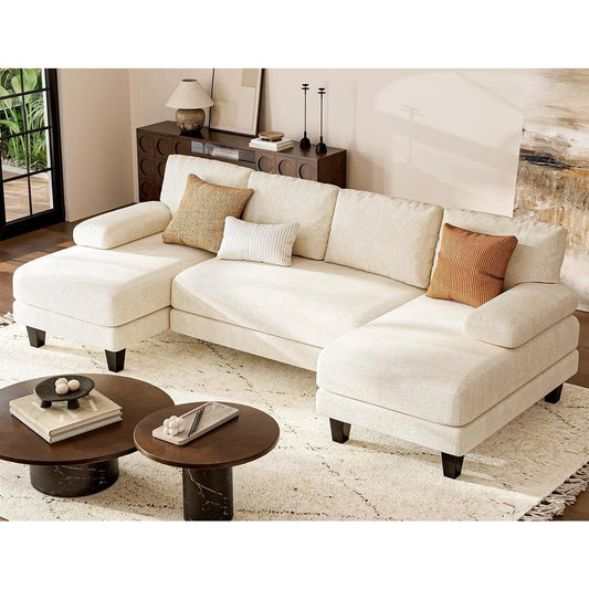 U Shaped Sectional Couches for Living Room,111 Inch Modular Sofa with Double Chaise,Large Lounge Couch for Apartment,Warm White