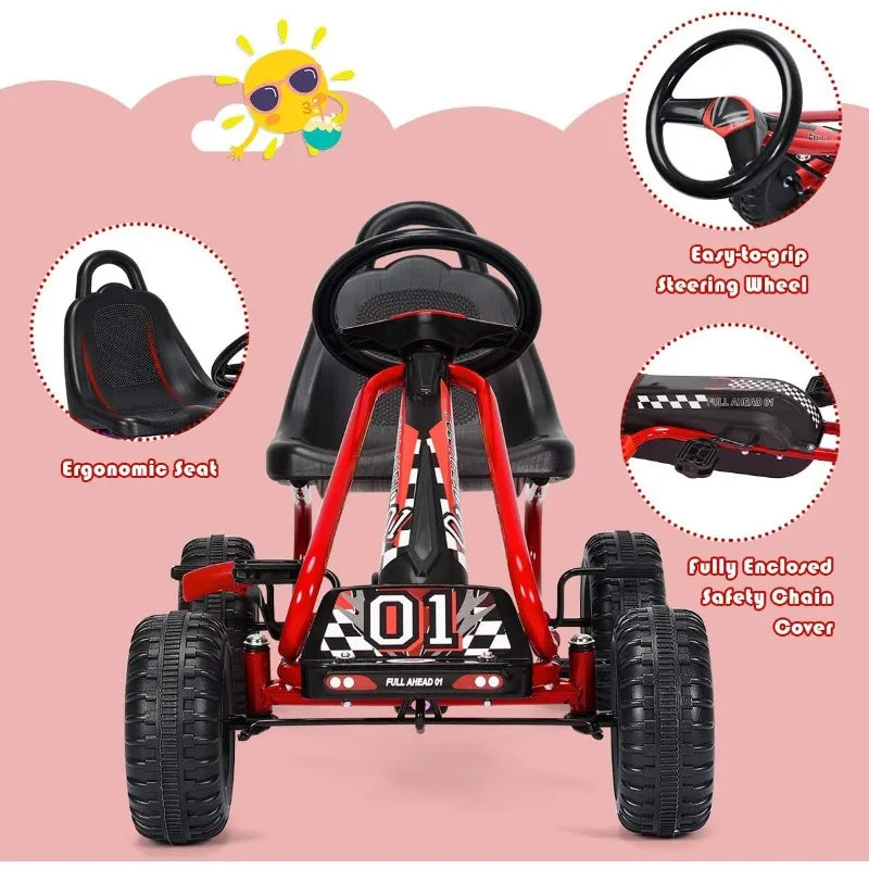 Costzon Go Kart for Kids, 4 Wheel Pedal Powered Go Cart with Adjustable Seat, Handbrake & Non-Slip Wheels