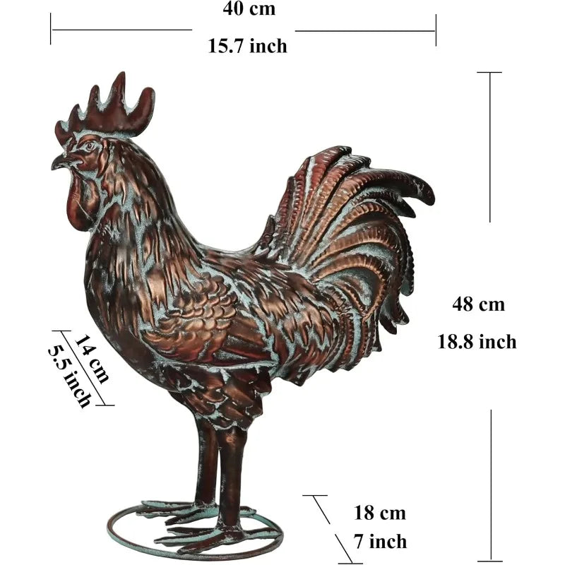 Garden Rooster Statues,15.7" L x 18.8" H Outdoor Metal Chicken Figurines,Antique Copper Chicken Sculptures & Statues Ornaments,3