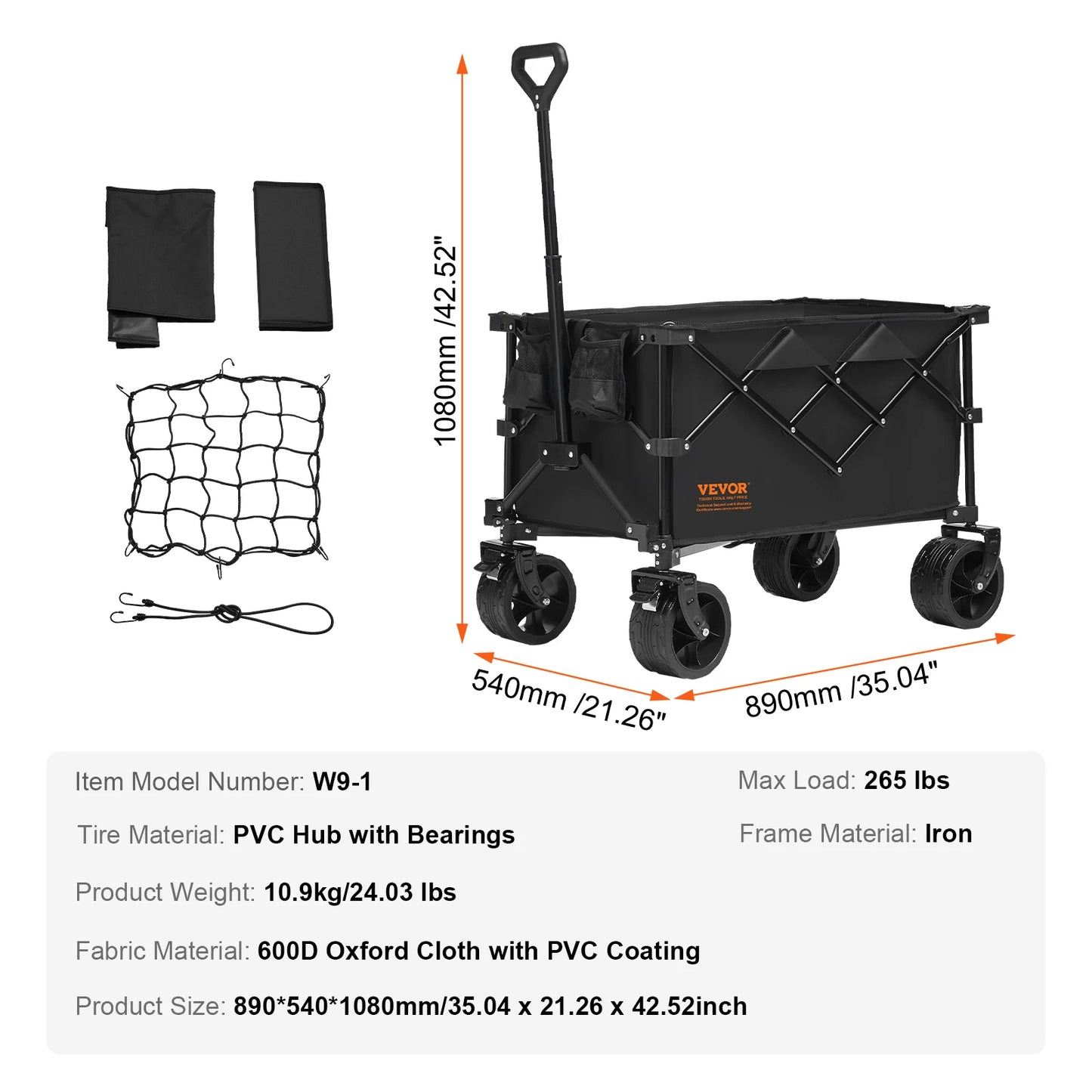 VEVOR Collapsible Folding Beach Wagon Cart with All Terrain Wheels and Drink Holders for Camping Shopping and Garden