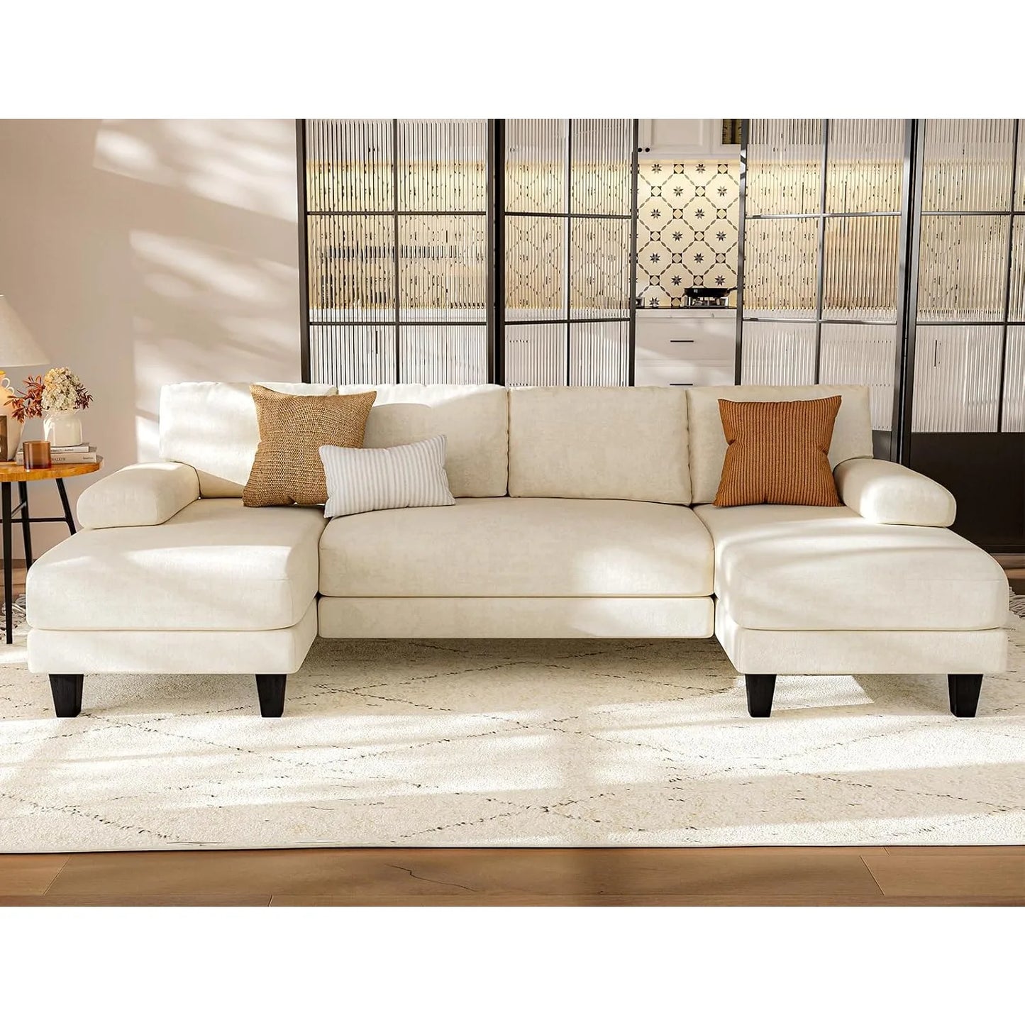 U Shaped Sectional Couches for Living Room,111 Inch Modular Sofa with Double Chaise,Large Lounge Couch for Apartment,Warm White