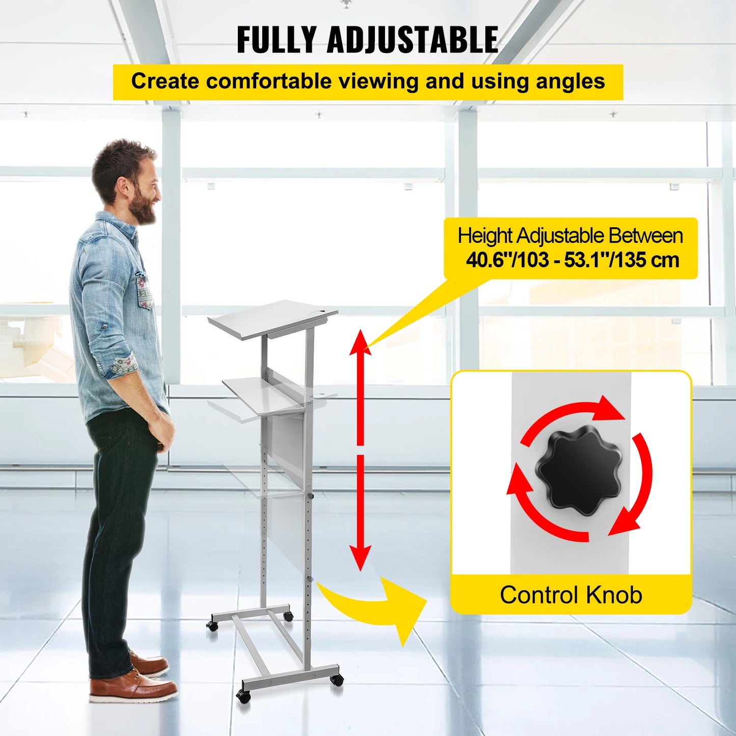 VEVOR Standing Lectern Height Adjustable Portable Pulpit 4 Rolling Casters Podium Stand Lower Storage Shelf Floor for School