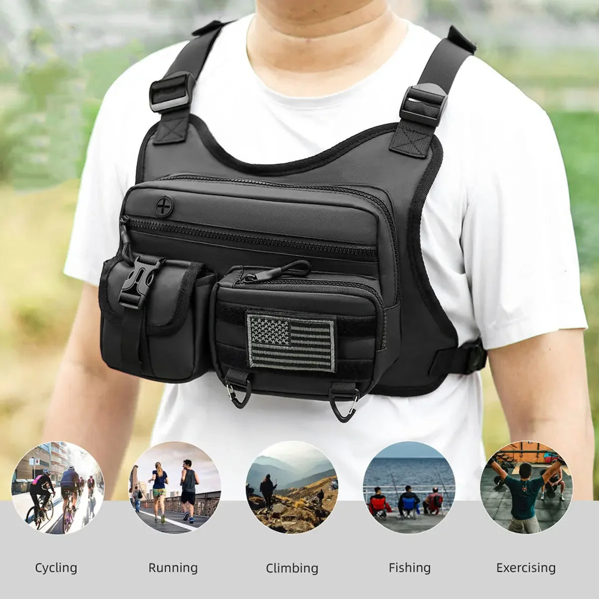 Tactical Fishing Vest Chest Bag Rig Pouch Outdoor Gear