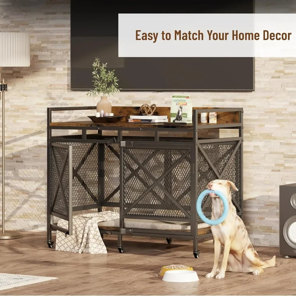 Large Dog Crate Furniture, 48 Inch Heavy Duty Dog Kennel for Large Breeds, Wooden Dogs Cage with Wheels,