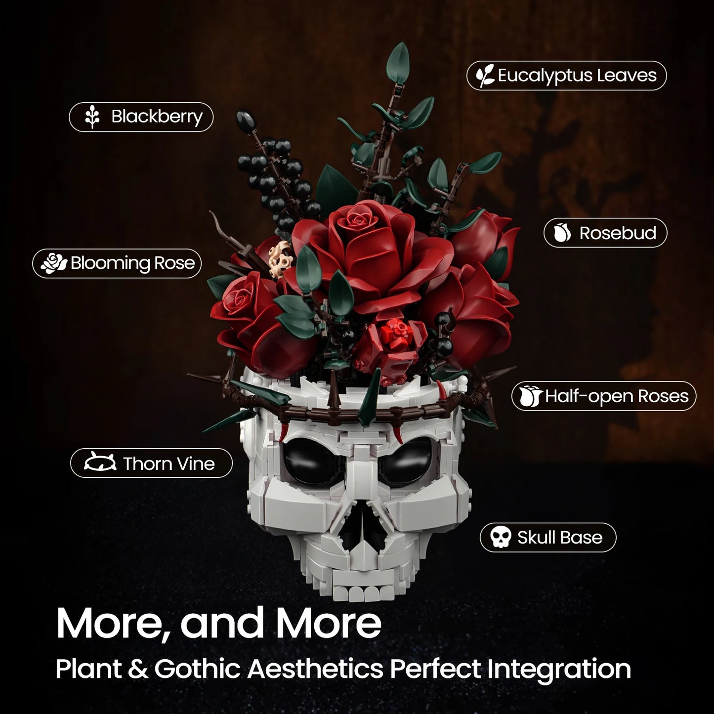 SupreOwls Skull Flower Blocks Set Gothic Roses Planter