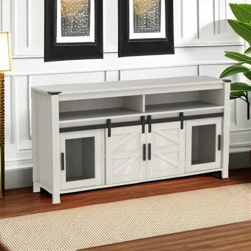 Farmhouse Coffee Bar Cabinet, 59" Buffet Server Sideboard with Sliding Barn Doors, Storage Cabinet Cupboard Table with Mesh Doo