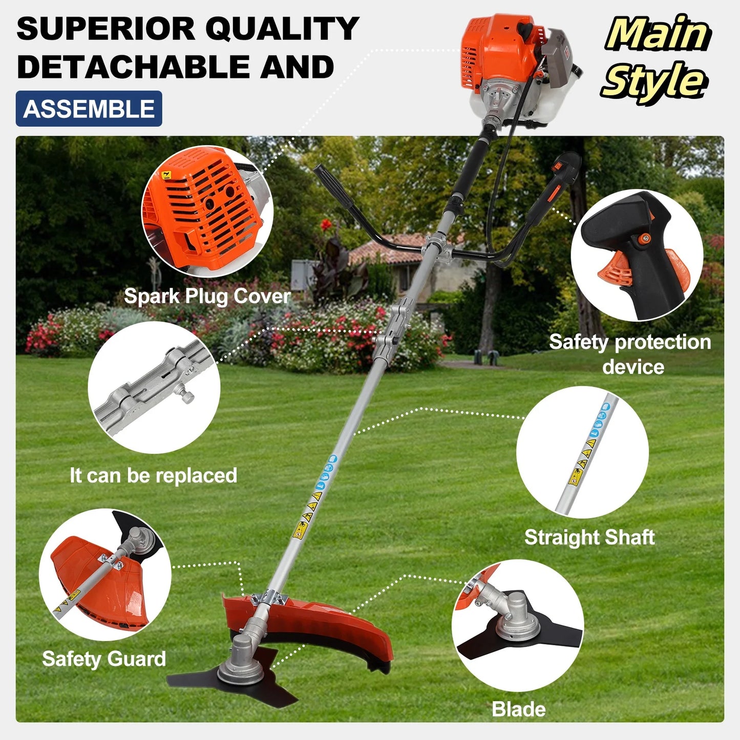 2200W Weed Eater Cordless Petrol 52CC 8500RPM,Ergonomic Strong Power String Trimmer Low Noise,2 In 1 Lawn Mower Machine Gasolene