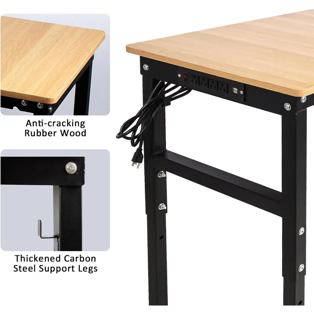 60'' Adjustable Work Bench with Power Outlet, Work Table for Garage,2000 Lbs Capacity Hardwood Workbench,Heavy Duty Table for Wo