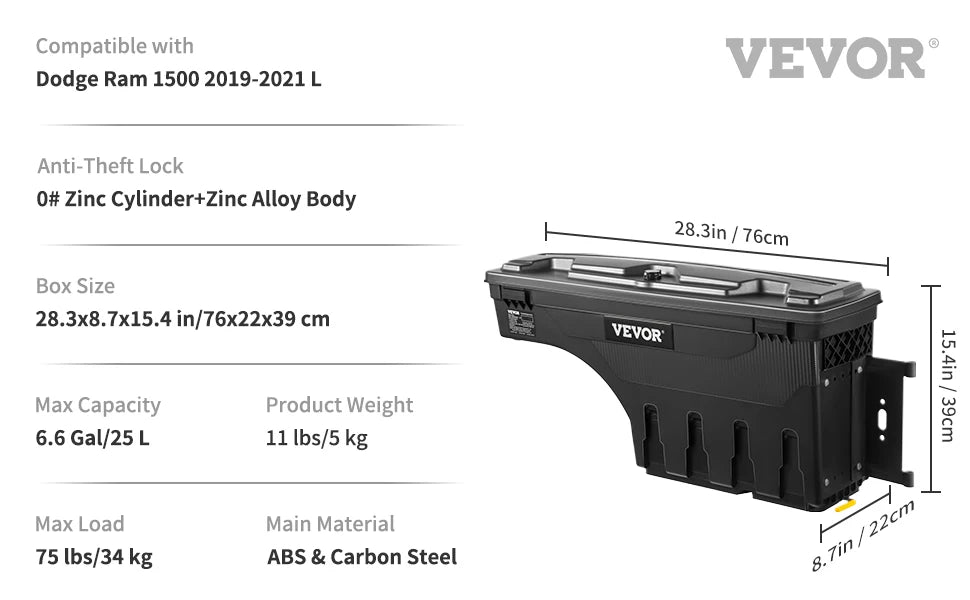 VEVOR Truck Bed Storage Box Passenger Side Lockable Lid Waterproof ABS Wheel Well with Password Padlock Tool Box for Oil Trucks