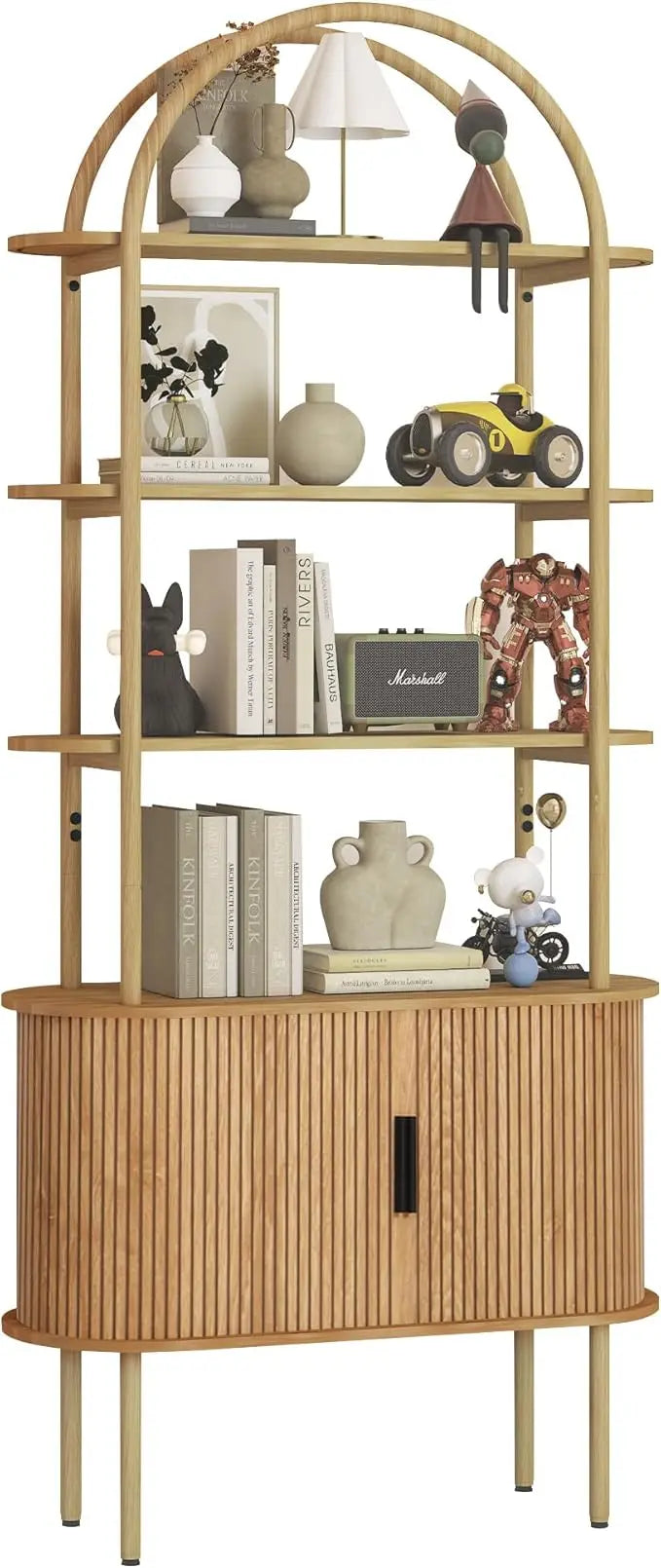 71" Tall Mid Century Modern Fluted Arched Bookshelf. Features sliding tambour doors and 4 - tier open storage. This curved books