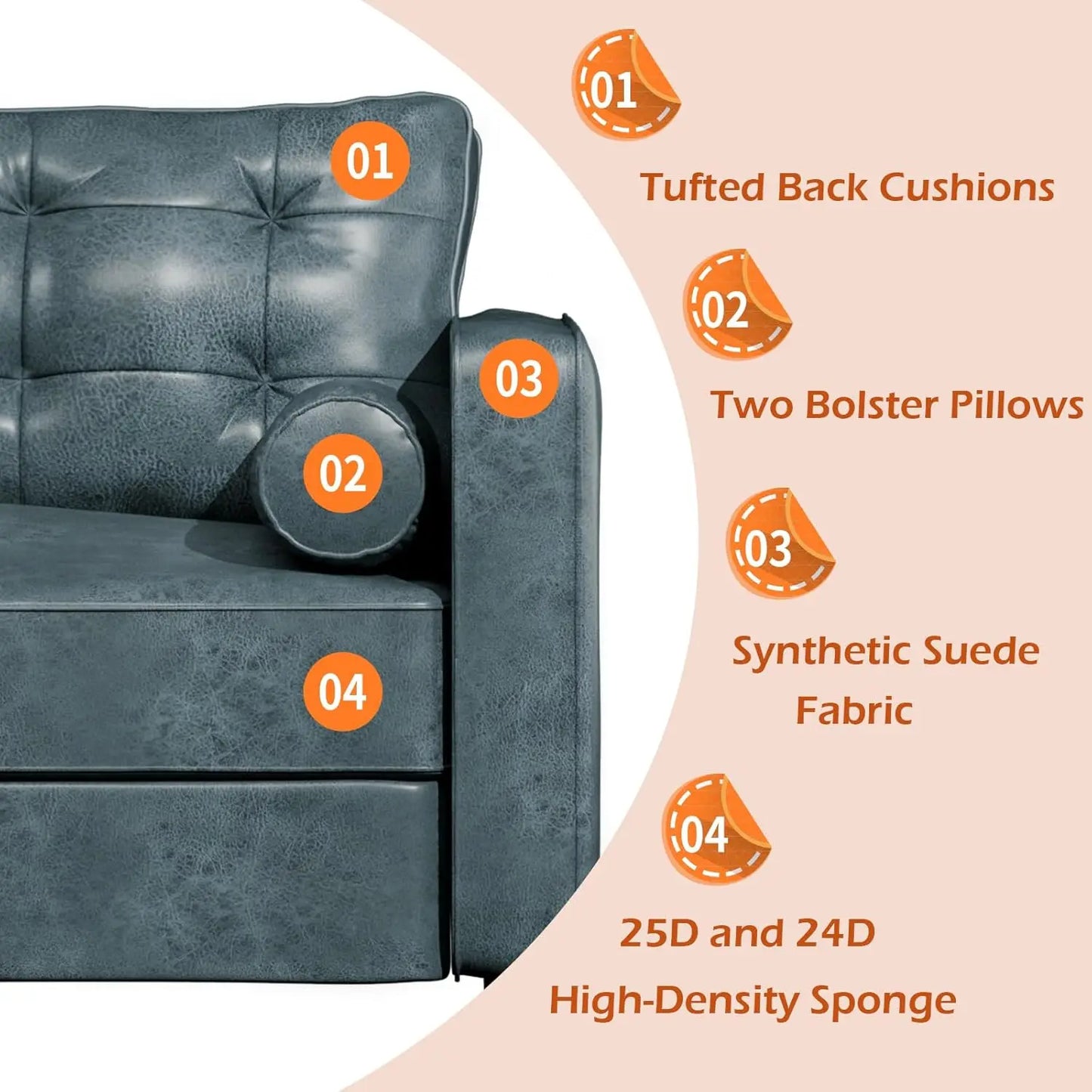 Faux Leather Sofa, 84.2-Inch Mid Century Modern 3-Seater Couch with 2 Bolster Pillows, Large Blue Sofa for Living Room