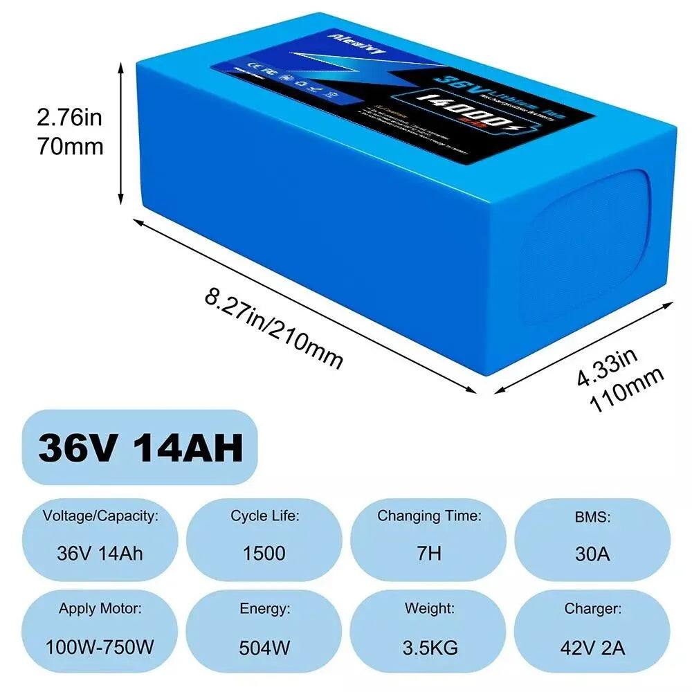 Aleaivy 36V 48V Electric Bike Lithium Battery Pack 10,14,20Ah Li ion Ebike Battery for Bicycle Scooter Motorcycle with Charger