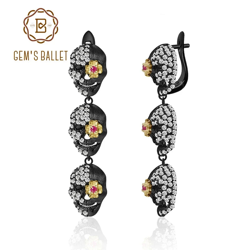 Gems Ballet Skull Sword Earrings 925 Sterling Silver Gothic