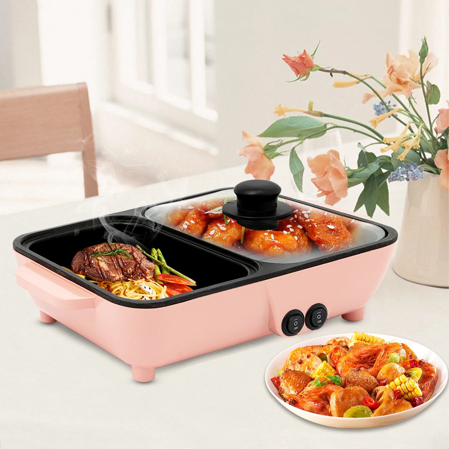 2-in-1 Electric Hot Pot for Kitchen, Non-stick Baking Pan, Smokeless BBQ Grill Pan for 1-4 People 110V, Pink
