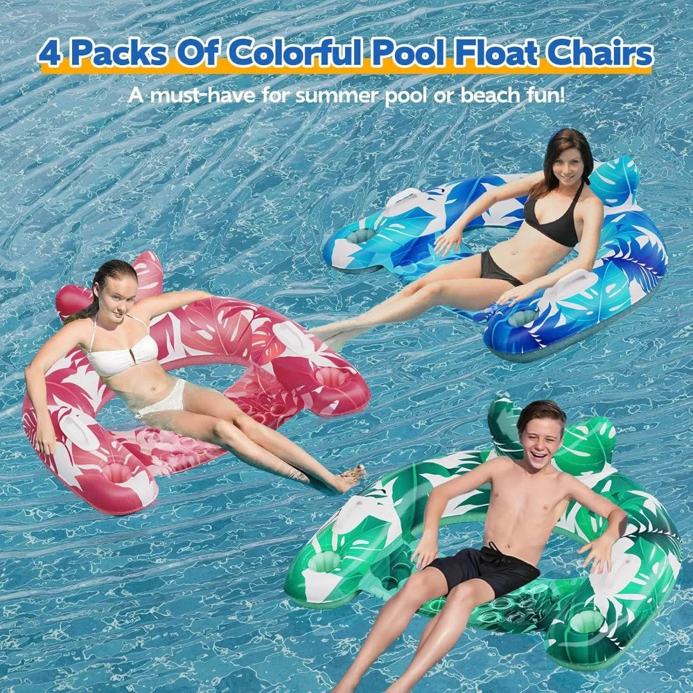 Pool Floats, 3 Pack Inflatable Pool Float Chairs with Cupholders & Handles, Pool Floats Adult & Kids Perfect for Pool Lake & Riv