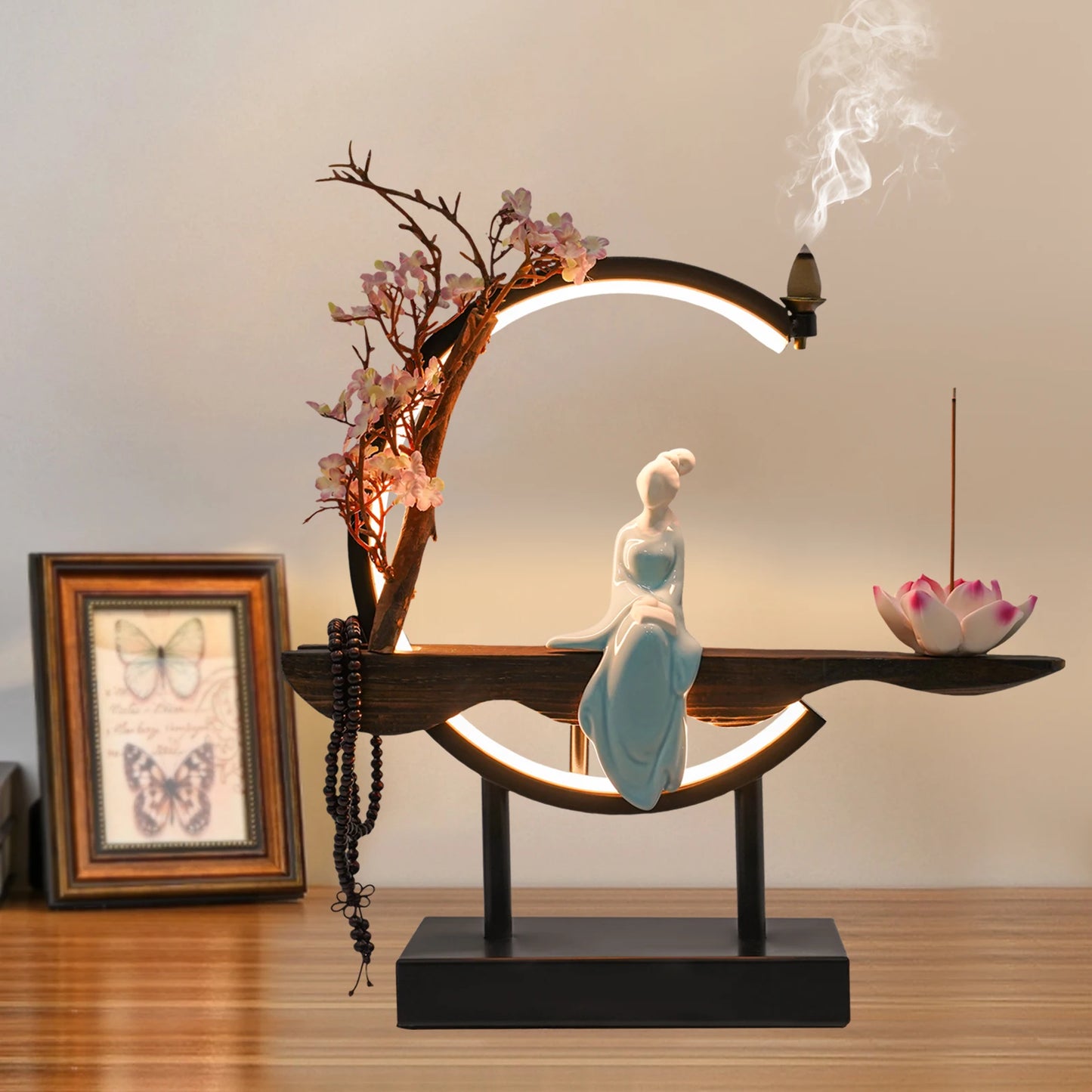Backflow Incense Burner, Ceramic Peach Blossom Design, LED Light, Stress Relief, Meditation, Home Décor