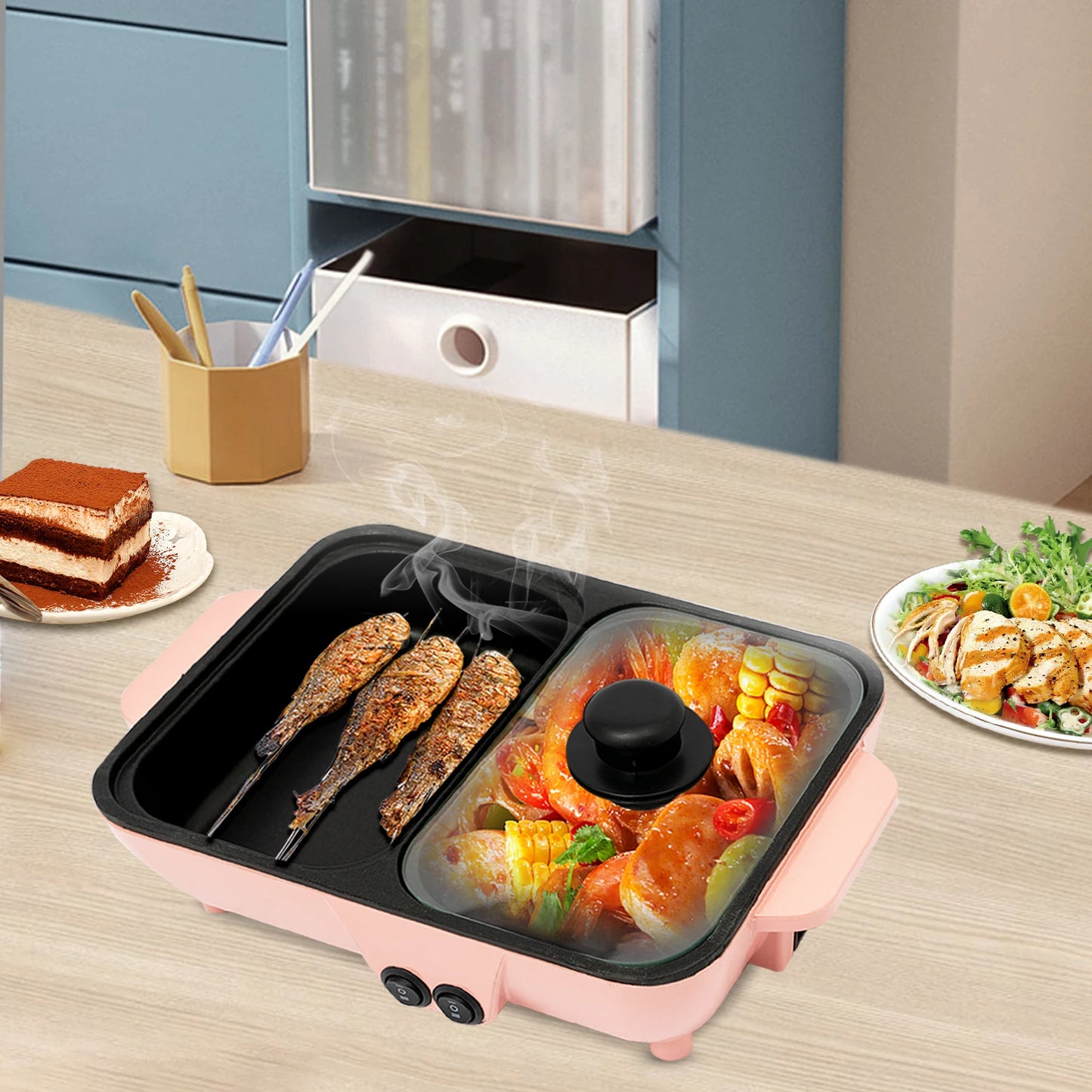 2-in-1 Electric Hot Pot for Kitchen, Non-stick Baking Pan, Smokeless BBQ Grill Pan for 1-4 People 110V, Pink
