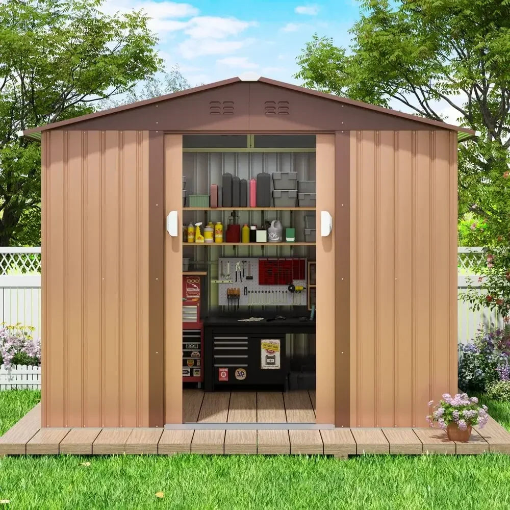 8'x8' Storage Shed Outdoor Metal Tool Shed Garden Backyard Sliding Door Lockable