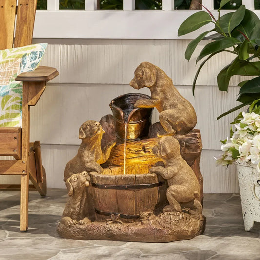 22.75 Inch Water Fountain High Handcrafted Polyresin Outdoor Waterfall Feature With LED Lights And Puppy Design For Garden Decor