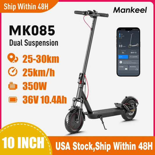 Mankeel MK085 Pro Folding Electric Scooter 350W 19Miles Range Dual Shock Absorber 36V 10.4Ah 10" Tires Escooter Max Speed 19MPH