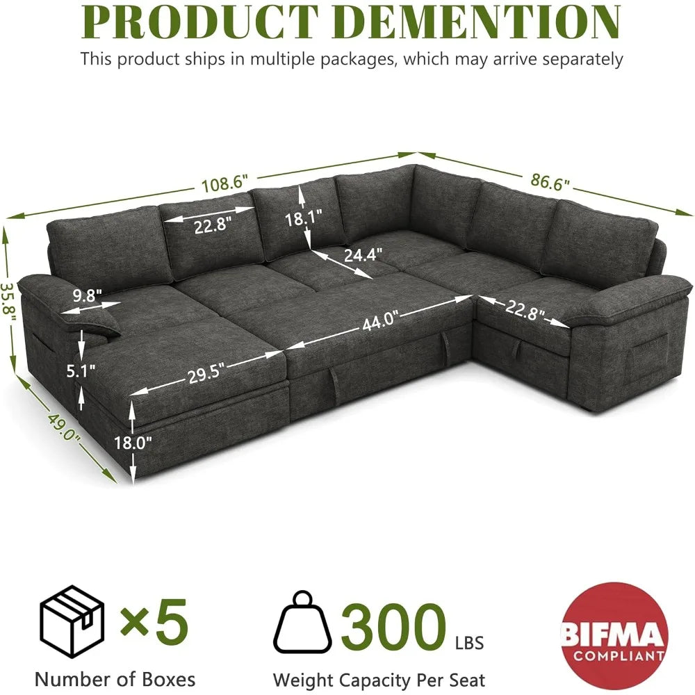 108 Inch Sectional Sleeper Sofa with Pull Out Bed, U Shaped 7 Seat Modular Sectional Sofa with Storage, Sectional Couches for Li