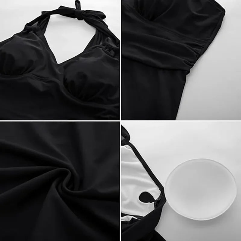 Women Plus Size Swimwear Two Piece Black Tankini Swimdress V Neck Halter Floral Asymmetrical Hem Skirted Swimsuits with Boyshort
