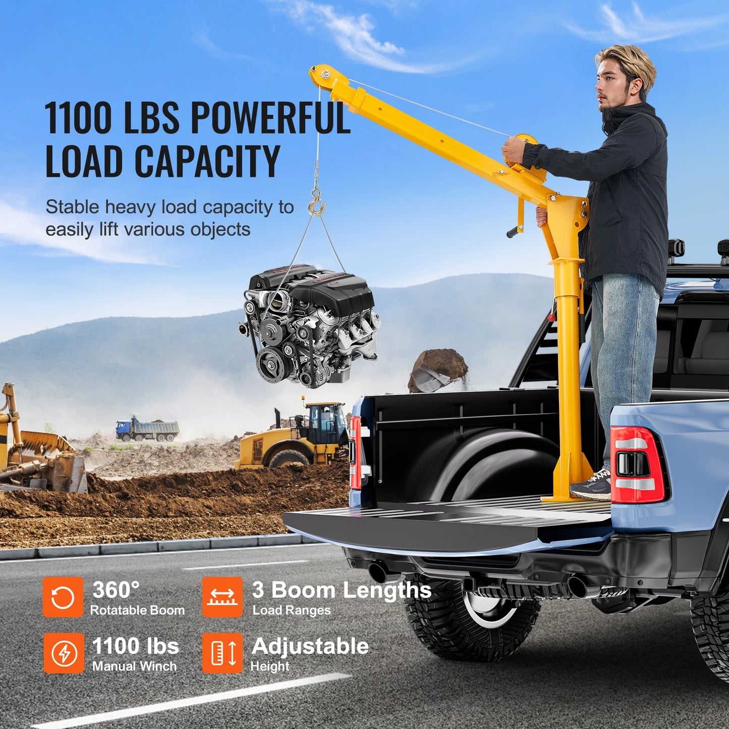 SucceBuy Folding Pickup Truck Crane 360° Swivel with 1100 lbs Manual Winch Mounted Bed Jib Crane Hoist for Factory Lifting Goods