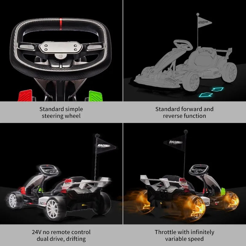 Go Kart Electric Drift Kart Car with Adjustable Seat, 24V Outdoor Ride On Toy with Variable Speed Mode, Crazy Cart