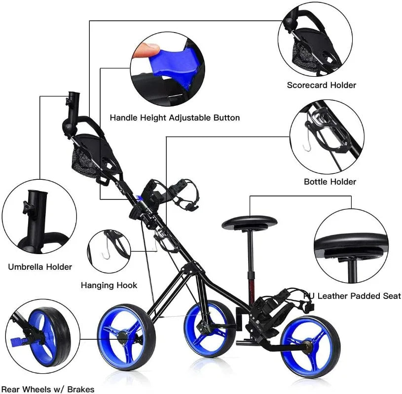 GRAFFY Golf Push Cart with Seat, 3 Wheel Golf Pull Cart with Height-Adjustable Handle, Lightweight Folding Golf Trolley
